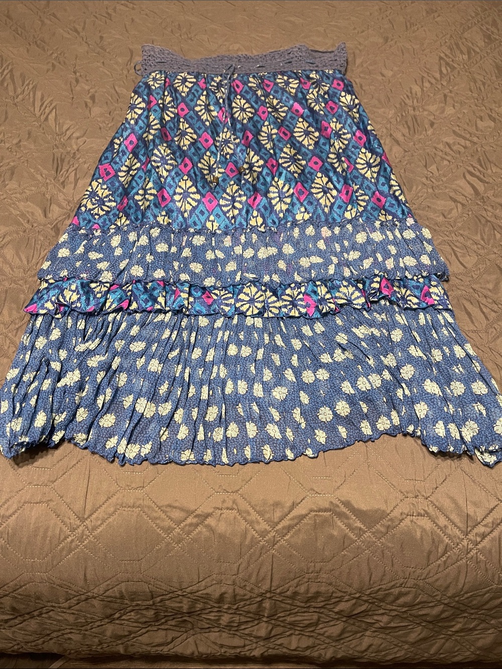 Free People Blue Tiered silk Maxi Skirt with Pink & Cream Accents